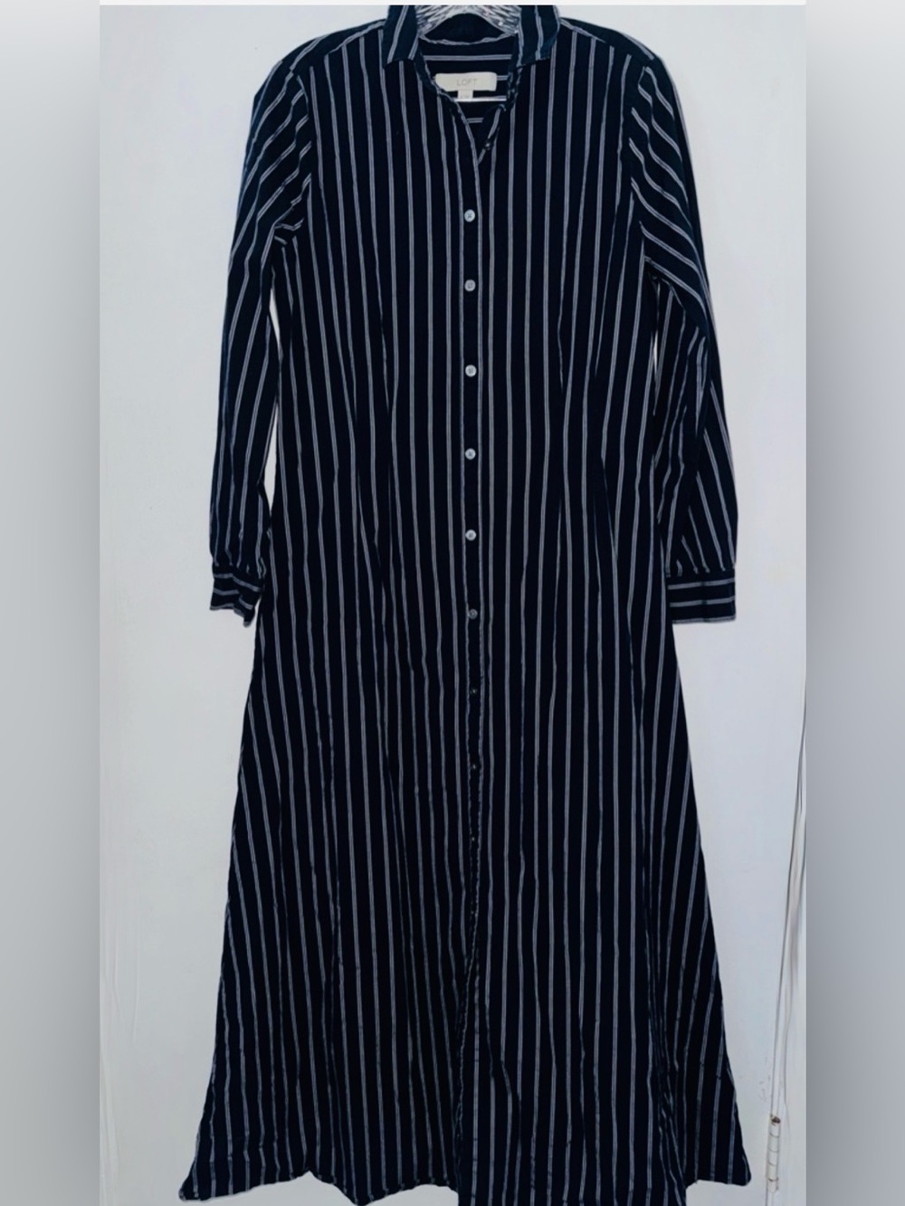 LOFT Navy and White Striped Button-Down Shirt Dress